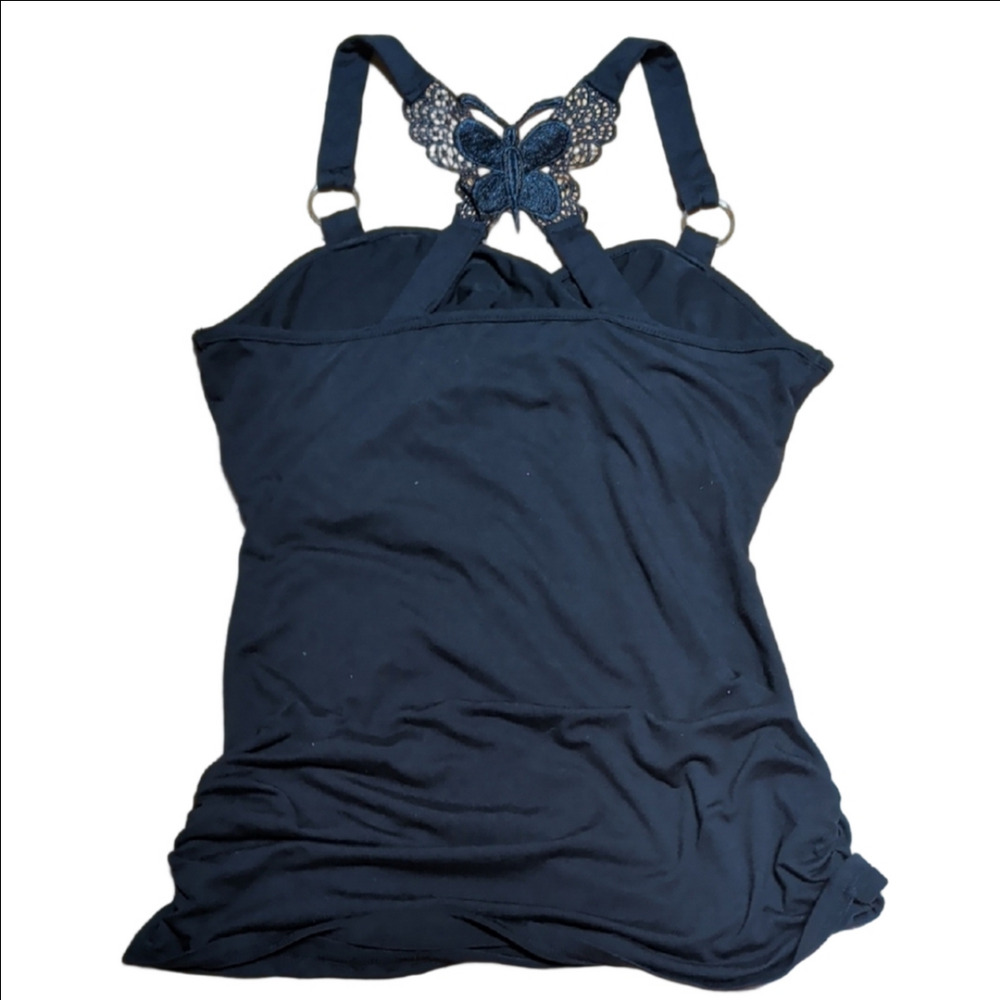 ​🌞BOGO🌞 Black Ruched Tank Top Butterfly Lace Racerback Size L - Picture 5 of 5